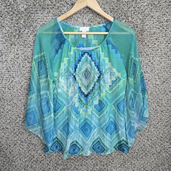 Chicos Top Womens 1 US Medium‎ Green Blue Embellished Peasant Blouse Ladies - Picture 1 of 7